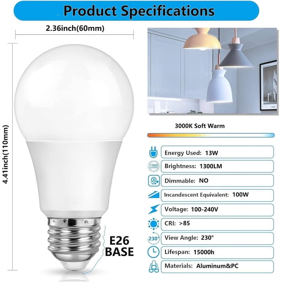 EFEMF-A19 LED Light Bulbs 100W Equivalent, Soft Warm White 13W 3000K 1300 Lumens 100-130V E26 Base bulb Not-Dimmable, A19 Led Energy Efficient Light bulb suitable for Home Office Indoor and Outdoor,