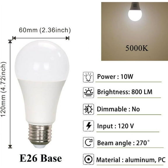 EFEMF-A19 LED Light Bulbs 60 Watt Equivalent Daylight White 5000K, 800LM Energy Efficient LED Bulb 10W, E26 Standard Base, Non-Dimmable, 6-Pack