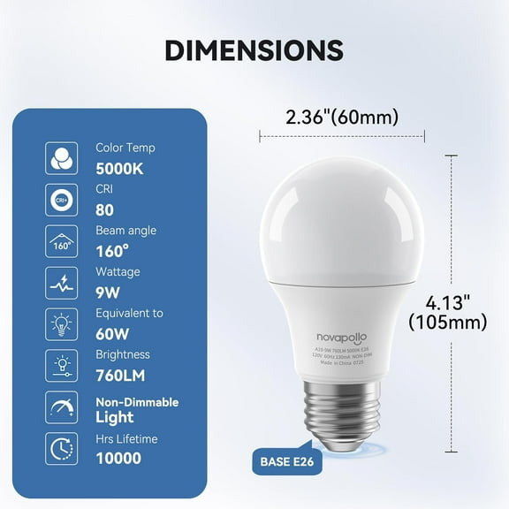 EFEMF-A19 LED Light Bulbs,60 Watt Equivalent LED Bulbs,Daylight White 5000K LED Lights for Bedroom,760LM Non-Dimmable,9W E26 LED Lights,4-Pack