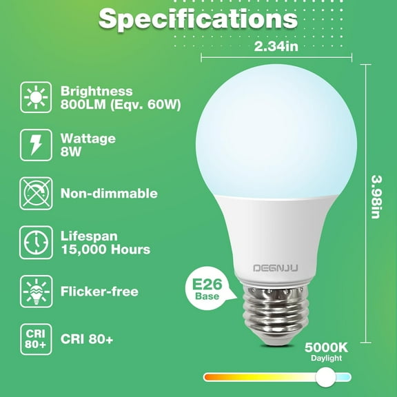 EFEMF-A19 LED Light Bulbs Daylight 5000K, 60 Watt Equivalent, 800 Lumen, E26 Standard Base, Non-Dimmable, 8W Daylight LED Bulbs for Bedroom Living Room, 12 Pack