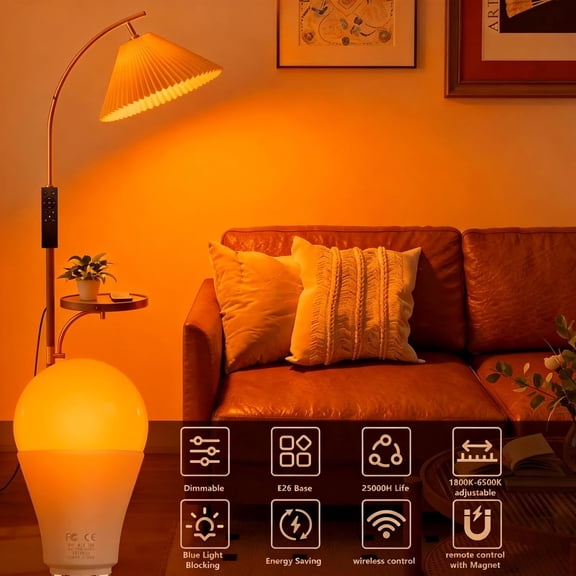 EFEMF-Amber Sleep Light Bulbs with Remote Control, 800LM 9W (60W Equivalent),Circadian Rhythm Light Bulb,Dim,1800K-6500K,E26,2.4G,Warm and Reading Light Bulb for Home Decor,2Bulb&1Remote