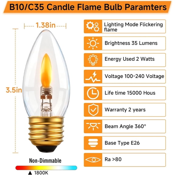 EFEMF-B10/B11 LED Flame Effect Bulb, E26 Base, 1800K Flickering Candle Light, Ideal for Holiday Gifts, Home, Hotel, Bar & Party Decorative Lighting - Non-Dimmable 2 Pack(B10)
