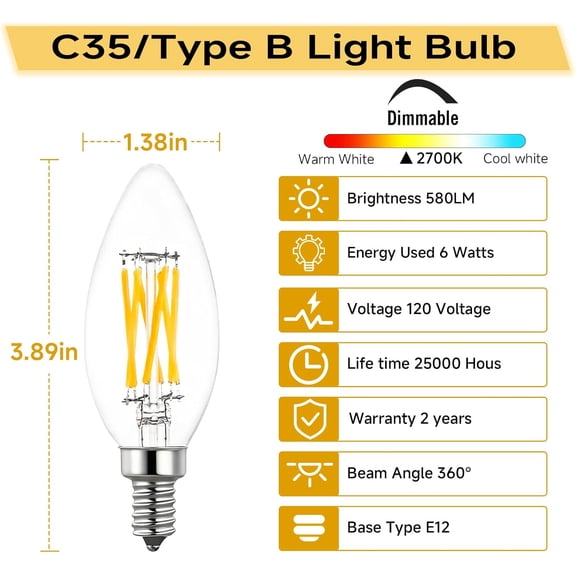 EFEMF-B11 Type B LED Filament Bulb, E12 Base, 6W/60W Equivalent 2700K Warm White Clear Glass, Dimmable, Ideal for Chandeliers, Wall Sconces & Decorative Lighting, 6-Pack (2700K)