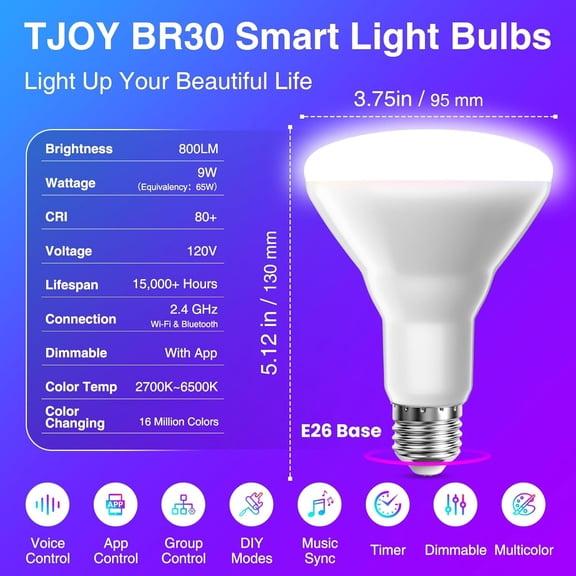 EFEMF-BR30 Smart Light Bulbs, RGB Color Changing Light Bulbs 9W 800LM, E26 Smart Flood Light for Recessed Can Lights, Works with Alexa, Google Assistant, WiFi & Bluetooth LED Bulbs, 2.4Ghz only, 2 Pa