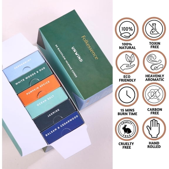 EFEMF-Backflow Incense Cones (60 Cones) | Set of 6 Waterfall Insence Cones for Meditation, Aromatherapy | No Charcoal, Organic, Non Toxic Frankincense, Nag Champa, Sandalwood Inscents-Cones