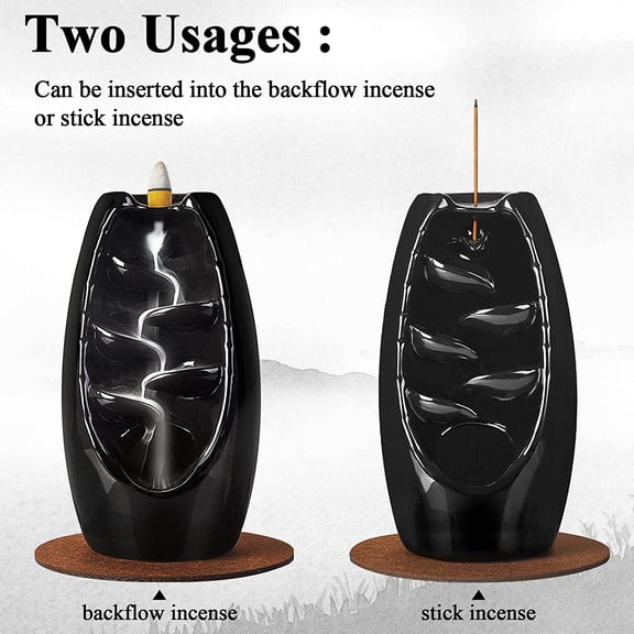 EFEMF-Backflow Incense Holder Ceramic Incense Burner Waterfall, Aromatherapy Ornament Home Decor with 120 Backflow Incense Cones & 30 Incense Stick, Jet Black