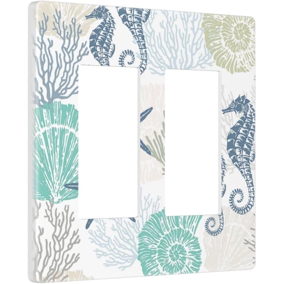 EFEMF-Beach Nautical Coral Conch Starfish Shell 2 Gang Double GFCI Rocker/Decorator Light Switch Cover Decorative Outlet Wall Plate Electrical Faceplate Screwless
