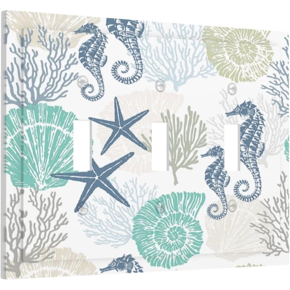 EFEMF-Beach Nautical Coral Conch Starfish Shell 3 Gang Jumbo Light Switch Plate Decorative Triple Toggle Electrical Faceplate Switch Face Wall Plate Outlet Cover