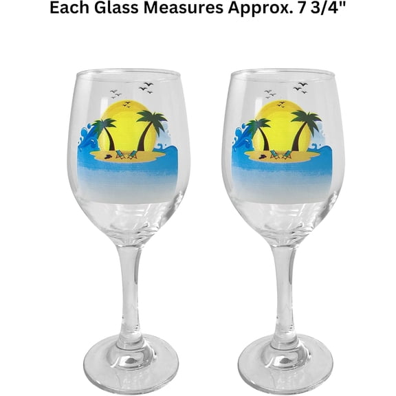 EFEMF-Beach Wine Glasses - Set of 2 Hand-Painted Nautical Aquatic Design - Fun Wine Glasses - 14 0z - 7 3/4" Tall