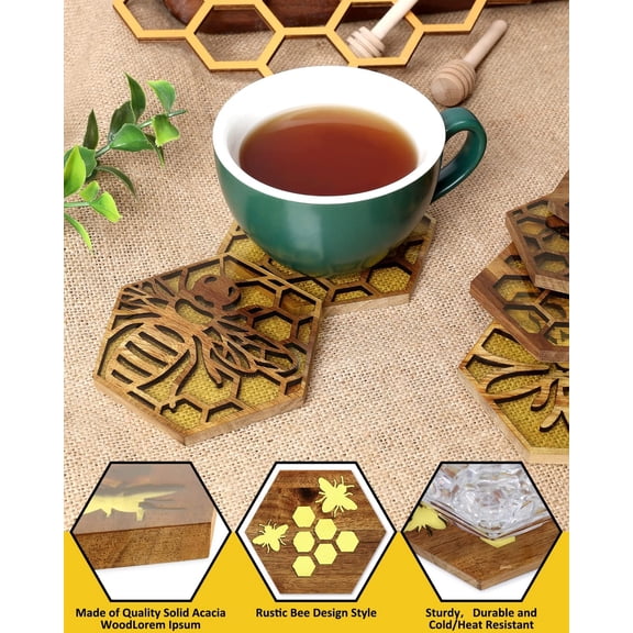 EFEMF-Bee Resin Wood Coaster Set of 6 Honeycomb Wooden Epoxy Resin Drink Coasters for Cold Drinks Wine Glasses Beverage Mugs Bee Themed Cup Mats for Kitchen Dining Coffe Table Gift for Her/Him