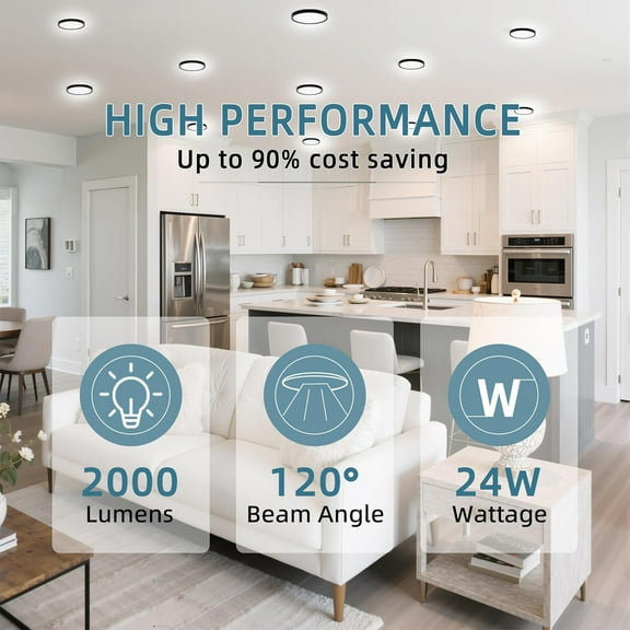 EFEMF-Black LED Flush Mount Ceiling Light, 9inch 24W 2000Lm Dimmable Overhead Lighting Fixture, 5CCT Selectable Round Flat Panel Light for Laundry, Stairwell, Basement, Bathroom