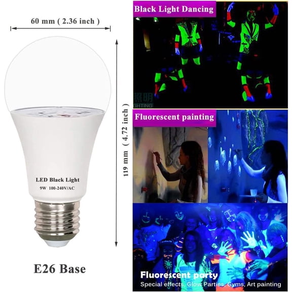 EFEMF-Black Light Bulb A19 LED 9W UV Blacklight Bulbs, 120V E26 Base UVA Level 395-400nm, Glow in The Dark for Body Pain, Glow Party, Halloween Decoration, 2-Pack