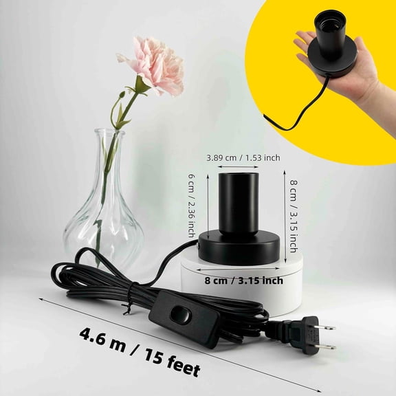 EFEMF-Black Metal E26/E27 Screw Light Socket with 15FT Extension Cord, Hanging Light Cord for Garage,80MM Small Table Lamp Base Ceiling Bulb Holder, On/Off Switch US Plug in Wire (1 Pack)