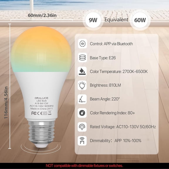 EFEMF-Bluetooth Smart Light Bulb 60 Watt Equivalent, Dimmable 2700-6500K Lightbulbs E26 Base, A19 9W LED Light Bulbs for Lamp, Bedroom, 4 Pack (No WiFi Connection)