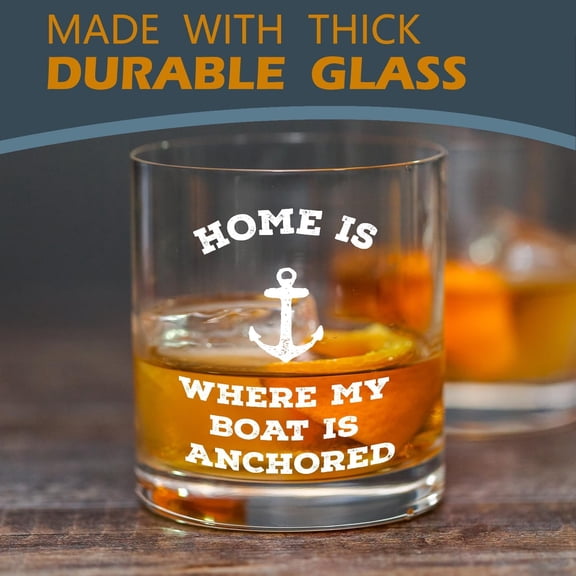 EFEMF-Boat Gifts Whiskey Glasses, Nautical Gifts for Boaters, Home Is Where My Boat Is Anchored 10 oz Drinking Rocks Glasses for Men Whisky Cocktail Scotch Bourbon Liquor