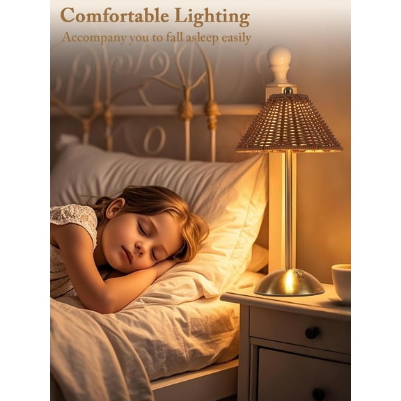 EFEMF-Boho Rattan Table Lamp,Wicker Night Light,LED Rechargeable Reading Lights,3 Color Touch Control Dimmable Bedside Lamps Living Room Bedroom Office Lighting Home Outdoor Decor