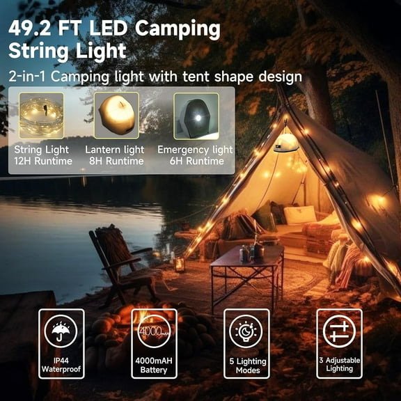 EFEMF-Camping String Light, 49.2FT Rechargeable Waterproof LED Camping Outdoor Light, Portable Emergency Outdoor Tent Lights with 4000mAH Long Lasting Battery for Home Decoration and Yard, Hiking,Cam