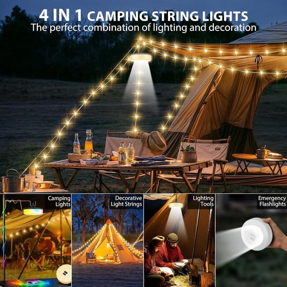 EFEMF-Camping String Lights, 4 in 1 Quick Storage 32.8FT Rechargeable Tent Lights with 9 Lighting Modes, Hanging Waterproof Portable LED Lamp for Outdoor Patio Awning Garden Party Camping Essentials