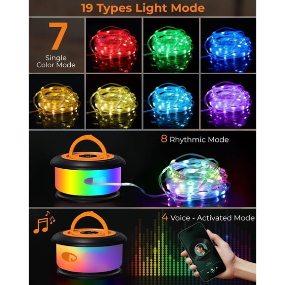 EFEMF-Camping String Lights, Retractable 32.8ft RGB Flash Lamp, Rechargeable LED Fairy Lights Outdoor Waterproof, Portable Hanging Lantern for Outside Tent Patio Awning Garden RV Essentials