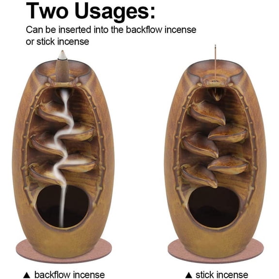 EFEMF-Ceramic Backflow Incense Holder Incense Burner Waterfall, with 120 Backflow Incense Cones & 30 Incense Stick, Aromatherapy Ornament Home Decor, Brown