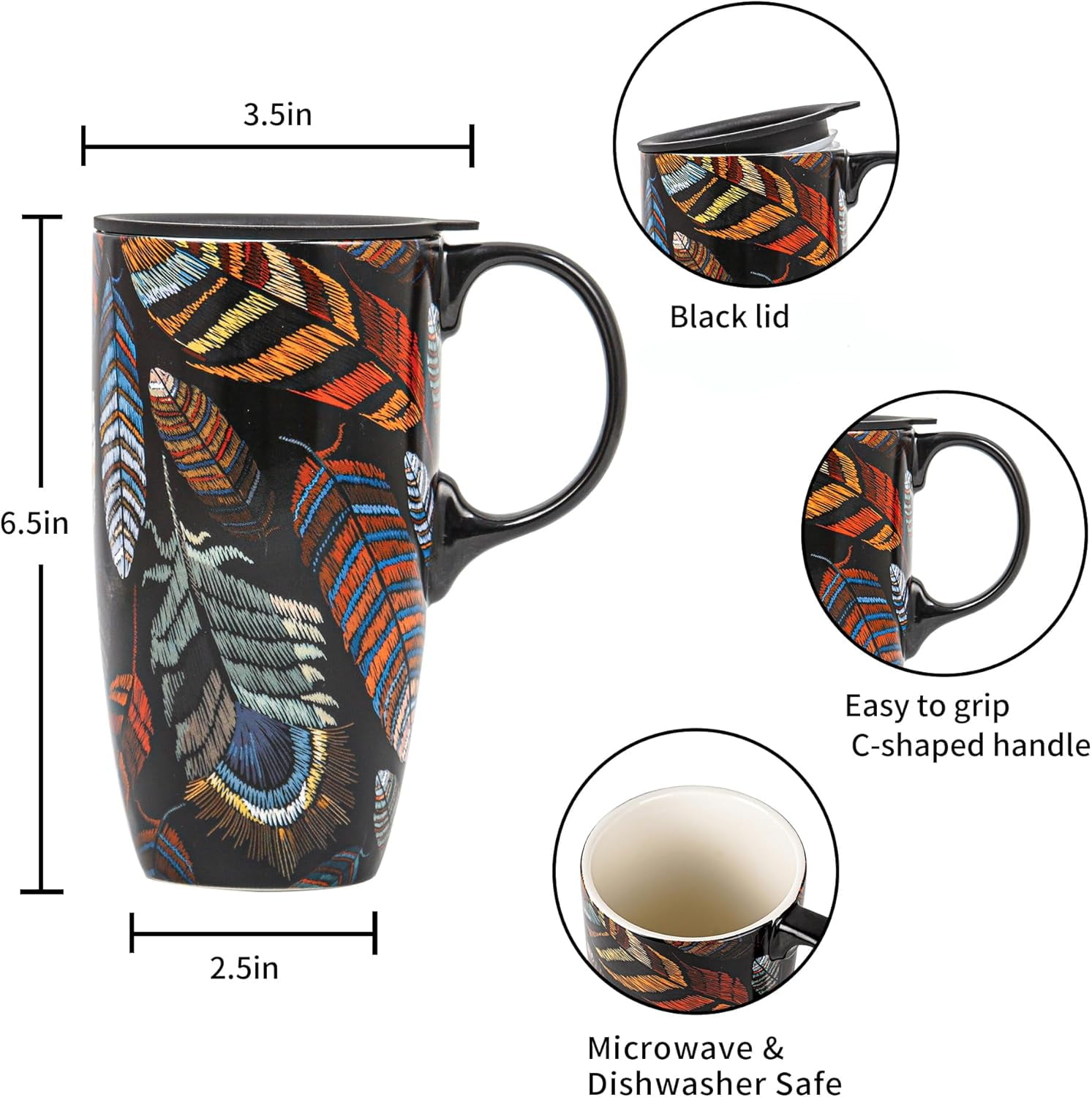 EFEMF-Ceramic Coffee Mug Travel Cup Gift with Lid 17oz, Porcelain Tall ...