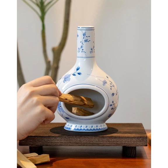 EFEMF-Ceramic Incense Holder Palo Santo Burner - Handmade Blue and White Porcelain Mini Chiminea for Ash Catching & Meditation Decor - Vintage Oriental Burner for Yoga Room Spiritual Gift