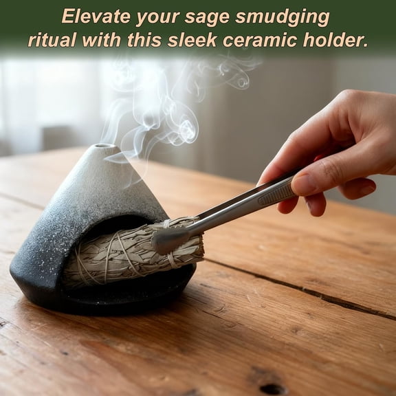 EFEMF-Ceramic Sage Smudging Holder, Pyramid Design Incense Burner with Smoke Outlet, 4.7 x 4.5 x 0.39 Inch, Black and White Glazed Finish (Black)