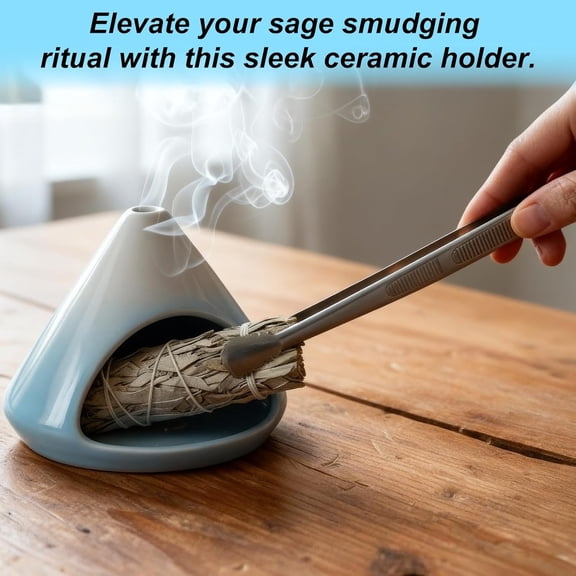 EFEMF-Ceramic Sage Smudging Holder, Pyramid Design Incense Burner with Smoke Outlet, 4.7 x 4.5 x 0.39 Inch, Black and White Glazed Finish (Blue)