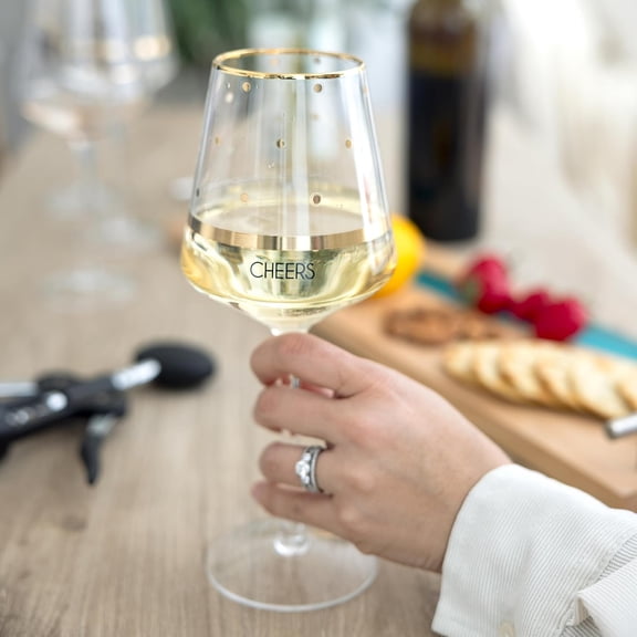 EFEMF-- Cheers - Dots - Metallic Gold 17 oz Stemmed Wine Glass Classy Timeless Celebratory Milestone Drinkware Housewarming Apartmentwarming