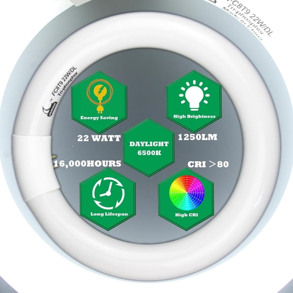 EFEMF-Circular Bulb FC8T9/DL, 8 Inch T9 22W Circline Fluorescent Light Bulbs, Replacement Round Fluorescent Lamp Tube, Bright Daylight 6400K 1250 Lumens, G10q 4 Pin Base, 2 Pack