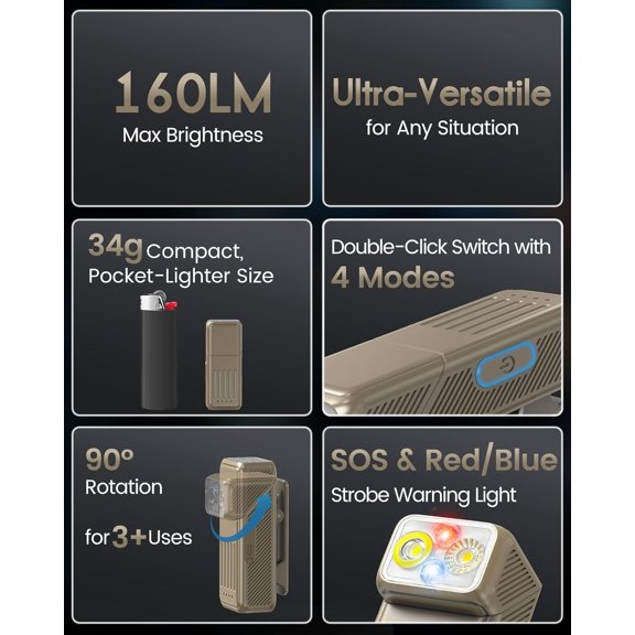 EFEMF-Clip On Flashlight, Mini EDC Flashlight for Night Walking - 90 Rotating Head, Magnetic Base, USB-C Rechargeable Pocket Light with Spotlight, Floodlight, Red SOS & Red/Blue Strobe (Khaki)