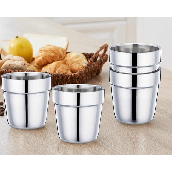 EFEMF-Coffee Cup Espresso Cup Mug Set of 4, Double Wall Stainless Steel Tea Cups, Reusable & Stackable, Mirror Finish & Dishwasher Safe - 6 Ounce