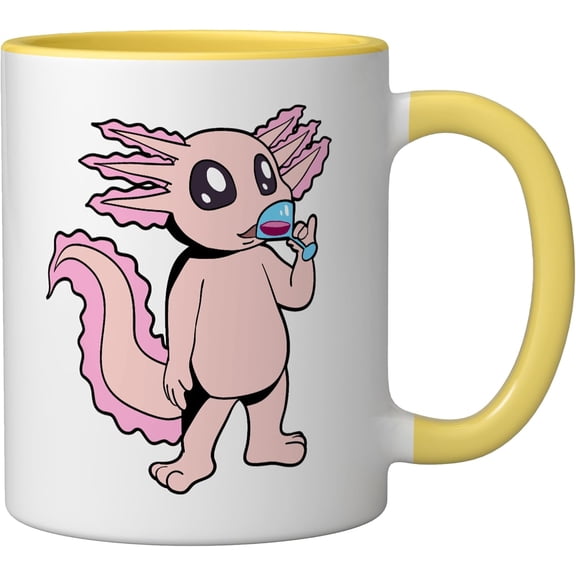 EFEMF-Comic axolotl enjoys a glass of wine - wine drinker Ceramic Mug, Yellow/White