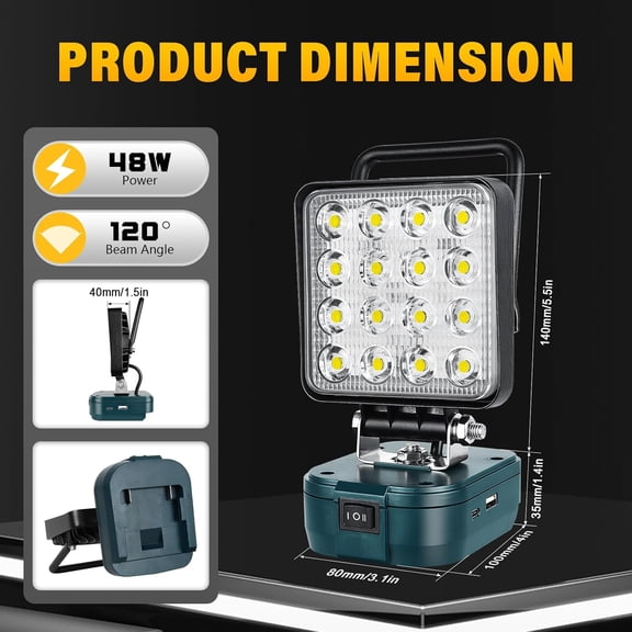 EFEMF-Cordless LED Work Light for Bosch 18V Battery, 48W 4800LM Portable Floodlights for Outdoor Low Voltage Camping Lighting, Workshop, Garage, Job site, Car Repairing, Emergency (No Battery)
