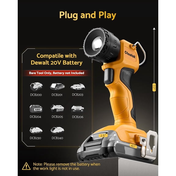 EFEMF-Cordless LED Work Light for Dewalt 20V MAX Battery, 3W 260LM Flashlight Portable with 2 USB Ports, 90 Pivoting Head, 15/40 Beam Angle for Jobsite, Camping, Workshop, Bare Tool Only