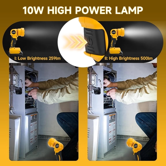 EFEMF-Cordless LED Work Light for Dewalt 20V Max Lithium-ion Battery, 10W 259-500LM Portable Worklight with 140 Degree Pivoting Head, Spotlight for for Workshop, Garage, Car Repairing(Tool Only)