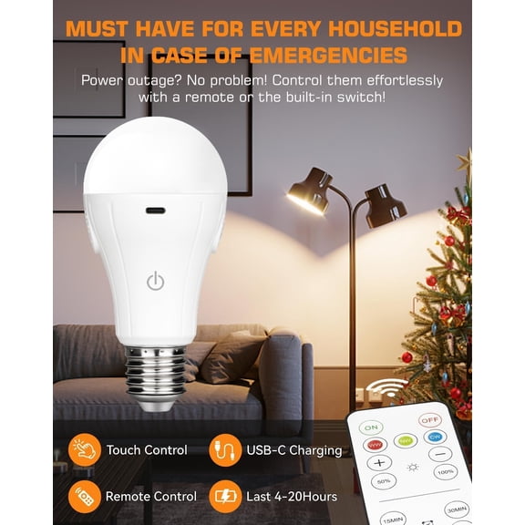 EFEMF-CordlessGlow Battery Operated Light Bulb with Remote3 Colors + Dimmable + Touch Control Rechargeable Light Bulbs for no-Hardwired Fixture, up to 24 Hours,2Pack