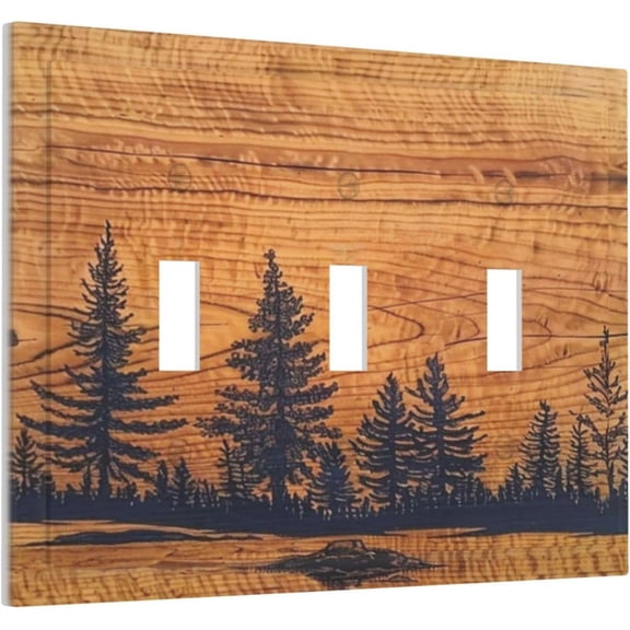 EFEMF-Country Farm Forest Pine Tree Woodland Woods 3 Gang Screwless Triple GFCI Decorator/Rocker Light Switch Wall Plate Rustic Orange Wood Wooden Decorative Dual Device Receptacle Faceplate Outlet C