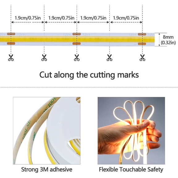 EFEMF-DC 12V COB LED Strip Light Warm White 3000K 16.4ft(5M) 1560LEDs CRI 93+ Uniform Glow Flexible IP20 Not Waterproof LED Tape Lights for DIY Bedroom Kitchen Home Decor(No Power Supply)