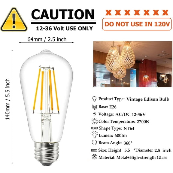 EFEMF-DC 12V ST64 LED Light Bulb 2700k 6W Warm White LED Edison Filament E26 Screw Base Lamp DC Low Voltage RV Marine Boat Classic Industrial Prop Retro Landscape Industrial Lighting Non-dimmable 3-P