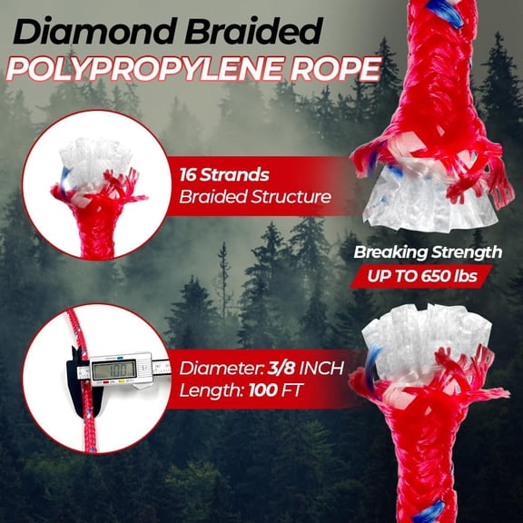 EFEMF-Diamond Braided Polypropylene Rope, 16-Strand 660lbs High Strength Utility Cord, Lightweight, Floating Rope for Camping, Flag Pole,Marine, Indoor and Outdoor Use (Red, 3/8in X 100FT)