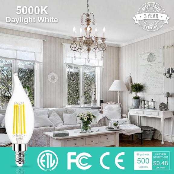 EFEMF-Dimmable E12 LED Bulb 60 Watt Equivalent, Daylight 5000K, 500 Lumens, Candelabra Base LED Light Bulbs 4W, CA10 Flame Tip Candle Light Bulbs, 120V, CRI 85, Chandelier Light Bulbs, Pack of 6