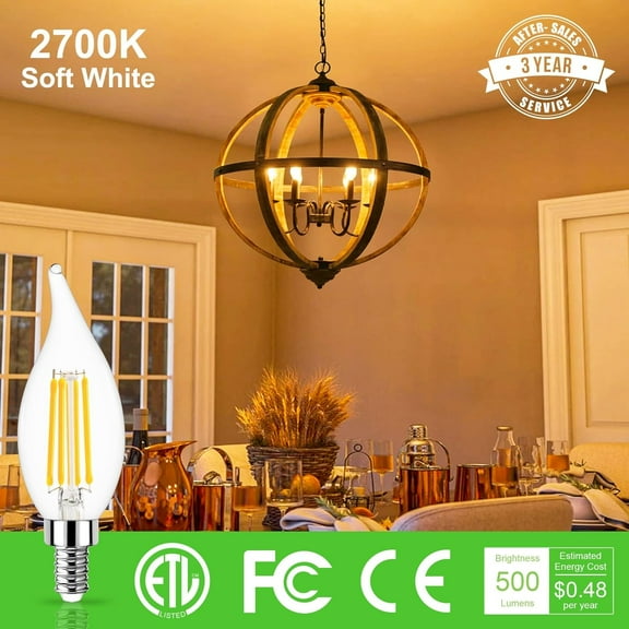 EFEMF-Dimmable E12 LED Bulb 60 Watt Equivalent, Soft White 2700K, 500 Lumens, Candelabra LED Light Bulbs 4W, CA10 Flame Tip Candle Light Bulbs, 120V, CRI 85, Chandelier Light Bulbs, Pack of 6