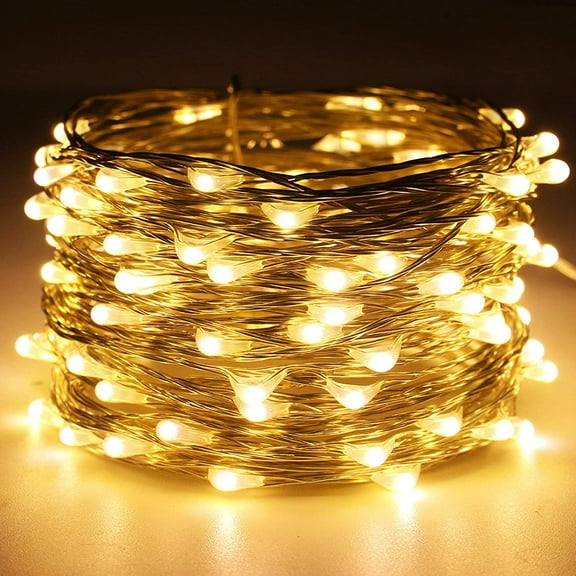 EFEMF-Dimmable Fairy String Lights Plug in 33 Ft 100 LED Silver Wire Firefly Lights with Remote, Warm White