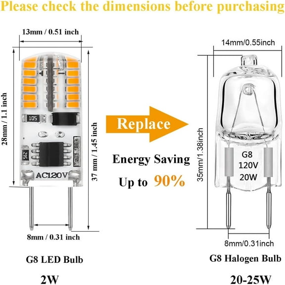 EFEMF-Dimmable G8 LED Bulb 2W Warm White 20W Halogen Bulbs Equivalent Bi-Pin Base 120V T4 JCD Type Under Cabinet Puck Lighting Replacements,10 Pack