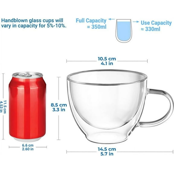 EFEMF-Double Walled Glass Coffee Mug 12 oz Latte Cappuccino Cups Set of 2, Clear Glass Coffee Cups with Handle, 350 ml Insulated Coffee Cup Borosilicate Heat Resistant Glass Mug Tea Cup