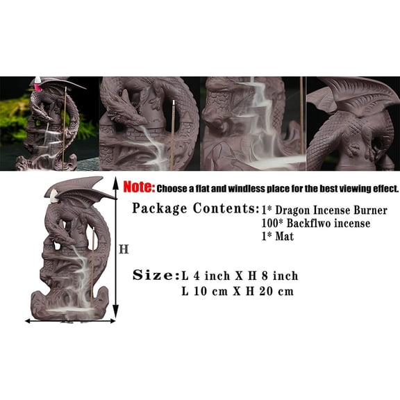 EFEMF-Dragon Backflow Incense Burner Handmade Ceramics Ornamen Statue Fountain Home Decor Waterfall Incense Holder, with 100 Backflow Incense Cones and 1Mat