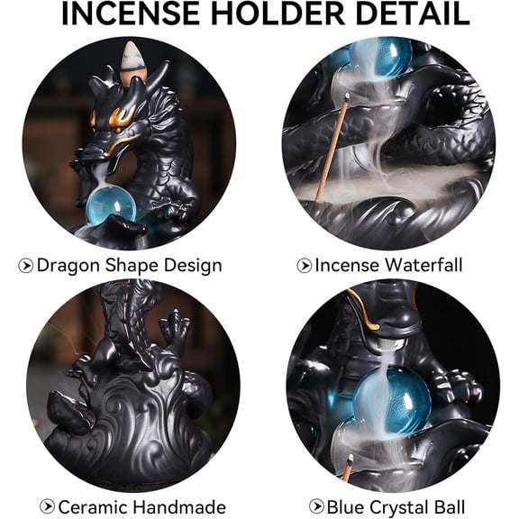 EFEMF-Dragon Backflow Incense Holder, Waterfall Incense Burner with 30 Backflow Incense Sticks, 20 Fragrance cones, Ceramic Hand-Made Incense Holder for Aromatherapy Ornament Home Decor