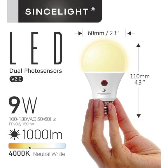 EFEMF-Dusk to Dawn LED with Dual Daylight Sensor, ON/Off Automatic Depends On Daylight Level, 9 Watt, 4000K Neutral White, Edison Screw E26, Pack of 2