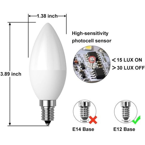 EFEMF-Dusk to Dawn Light Bulb, E12 Candelabra Light Sensing LED Bulbs Auto On/Off 5W 400LM Warm White 3000K for Home Outdoor Yard Porch Patio Garage Pathway, Can Replace 40W Incandescent Bulbs, Pack